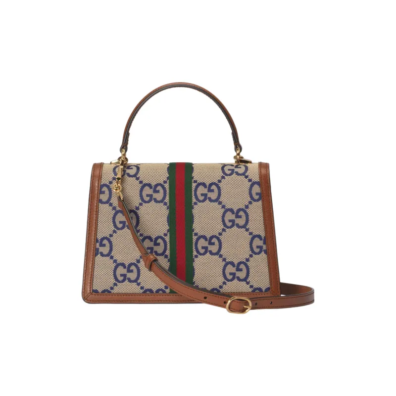 GUCCI Ophidia Canvas With Leather One Shoulder Canvas Bag Crossbody Handbag Small Size Women's Blue/Brown-3