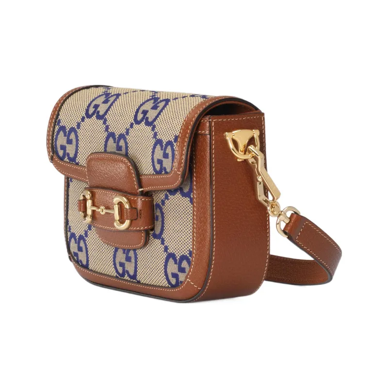 GUCCI Horsebit 1955 Canvas With Leather Canvas Bag, Shoulder Bag, Crossbody Bag Women's Blue/Brown-1