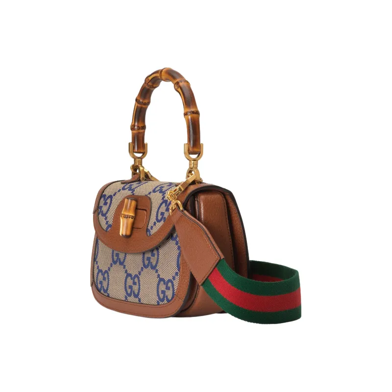 GUCCI Bamboo 1947 Canvas With Leather Shoulder Bag Crossbody Bag Handbag Small Size Women's Blue/Brown-2