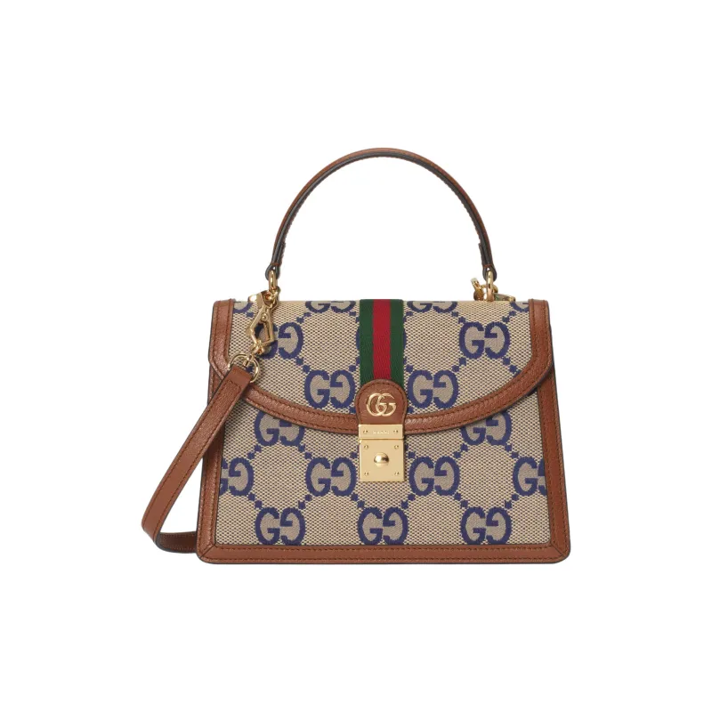 GUCCI Ophidia Canvas With Leather One Shoulder Canvas Bag Crossbody Handbag Small Size Women's Blue/Brown-0