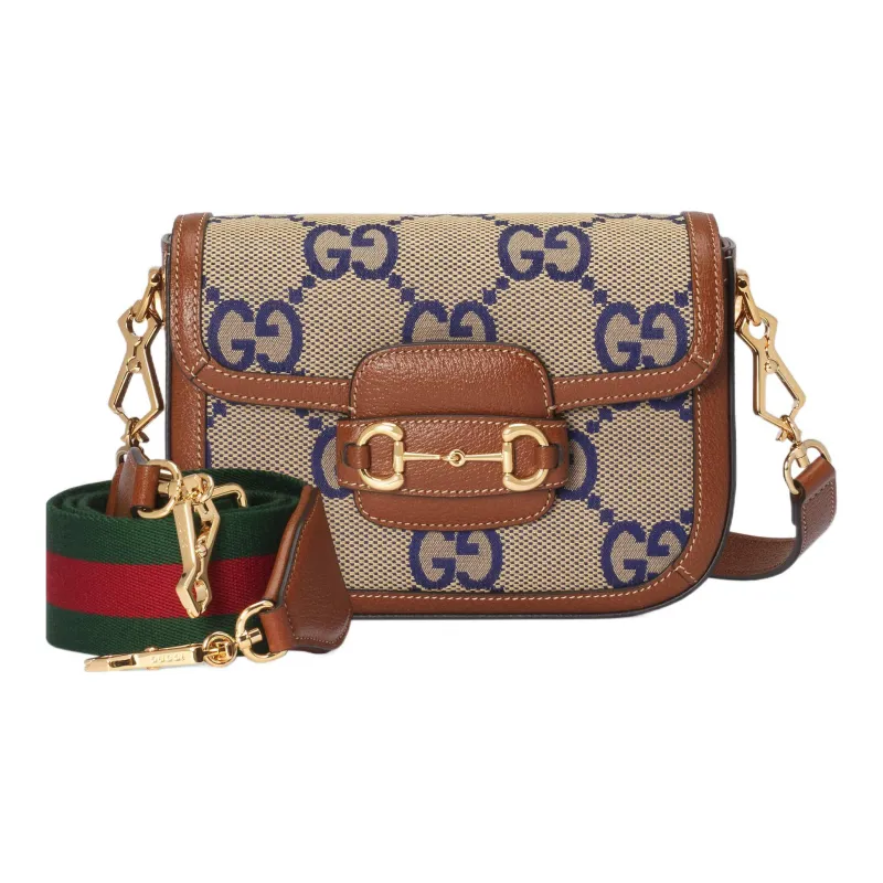 GUCCI Horsebit 1955 Canvas With Leather Canvas Bag, Shoulder Bag, Crossbody Bag Women's Blue/Brown-2