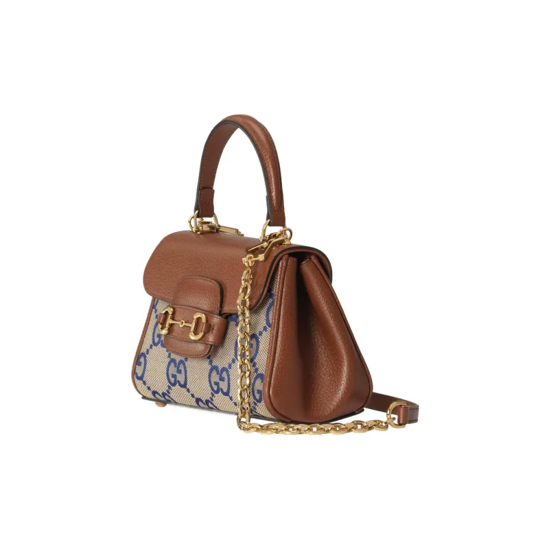 GUCCI Horsebit 1955 Canvas With Leather Shoulder Bag Crossbody Bag Handbag Mini Women's Blue/Brown-2