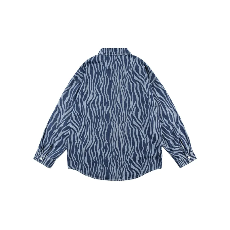 LOMBT Brand Logo All Over Print Heavy Washed Denim Shirt Spring And Autumn Unisex Blue-1