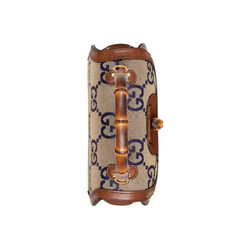 GUCCI Bamboo 1947 Canvas With Leather Shoulder Bag Crossbody Bag Handbag Small Size Women's Blue/Brown-5
