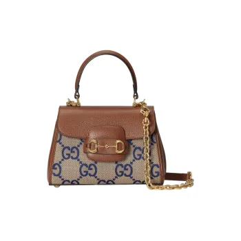 GUCCI Horsebit 1955 Canvas With Leather Shoulder Bag Crossbody Bag Handbag Mini Women's Blue/Brown