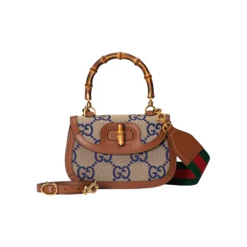GUCCI Bamboo 1947 Canvas With Leather Shoulder Bag Crossbody Bag Handbag Small Size Women's Blue/Brown