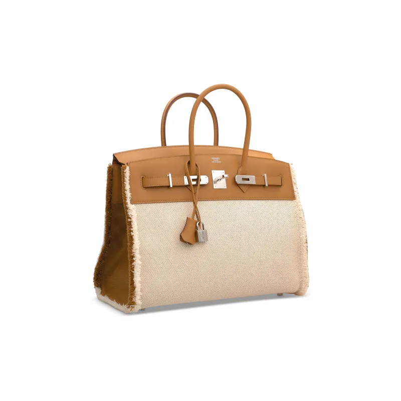 HERMES Birkin Swift Leather With Twill Canvas Birkin Bag Handbags Regular Women's Sand Yellow/Sesame Color-2