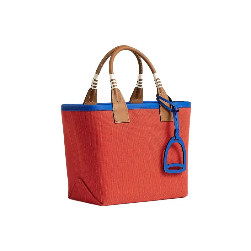 HERMES Steeple Canvas With Swift Calfskin Canvas Bag, Handbag Regular Women's Orange Red/Gold/Royal Blue-1