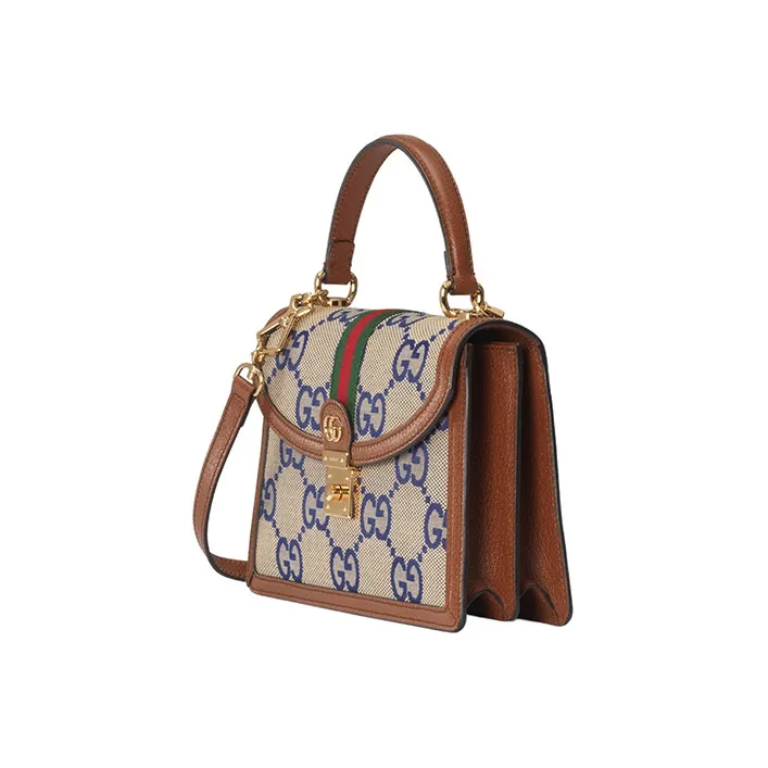 GUCCI Ophidia Canvas With Leather One Shoulder Canvas Bag Crossbody Handbag Small Size Women's Blue/Brown-1