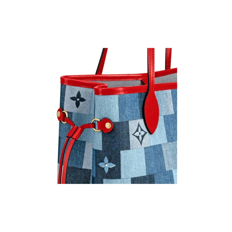 LOUIS VUITTON Neverfull Mm Denim Monogram Check Blue/Red-4