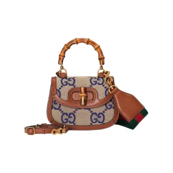 GUCCI Bamboo 1947 Canvas With Leather Trim Bamboo Bag Handbags Shoulder Bags Mini Women's Blue/Brown