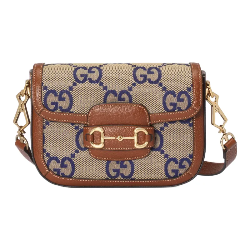 GUCCI Horsebit 1955 Canvas With Leather Canvas Bag, Shoulder Bag, Crossbody Bag Women's Blue/Brown-0