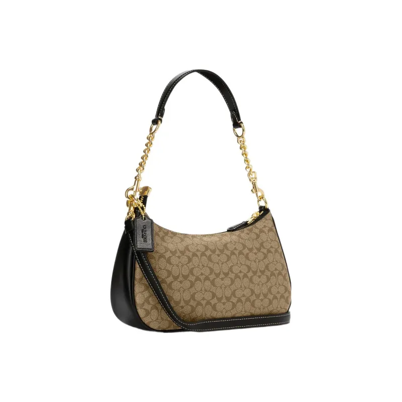 COACH Teri Canvas With Leather Handbags Shoulder Bags Women's Khaki & Black-1
