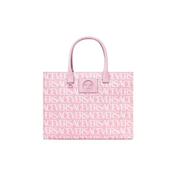 VERSACE Cotton With Cow Leather Tote Bag, Shopping Bag, Handbag Large Size Women's Pink/White