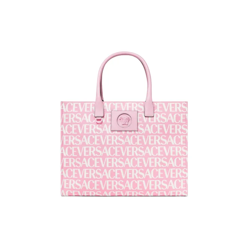 VERSACE Cotton With Cow Leather Tote Bag, Shopping Bag, Handbag Large Size Women's Pink/White-0