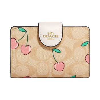 COACH Corner Zip Canvas With Leather Card Holder Wallet Medium Size Women's Khaki