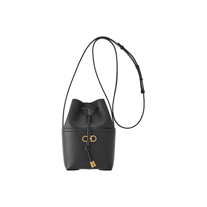 FERRAGAMO GANCINI Cow Leather Bucket Bags Shoulder Bag Crossbody Bag Mini Women's Black-0