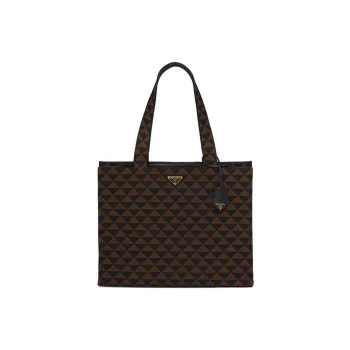 PRADA Symbole Embroidered Fabric Tote Bag Shopping Bag Shoulder Bag Handbag Men's Black/Umber