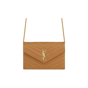 SAINT LAURENT ENVELOPE Cow Leather Envelope Bag Chain Wallet Shoulder Bag Crossbody Bag Regular Women's Dark Natural