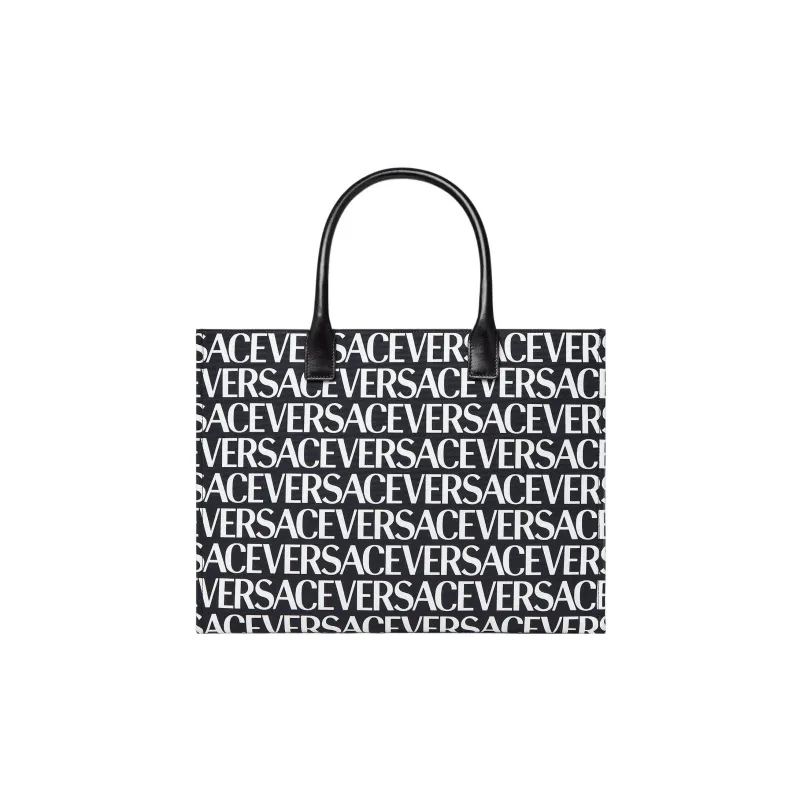 VERSACE Cotton With Cow Leather Patchwork Tote Bag Shopping Bag Handbag Large Size Women's Black-1