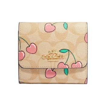 COACH Trifold Wallet Coated Canvas Card Holder, Wallet Small Size Women's Khaki
