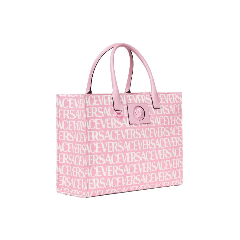 VERSACE Cotton With Cow Leather Tote Bag, Shopping Bag, Handbag Large Size Women's Pink/White-1