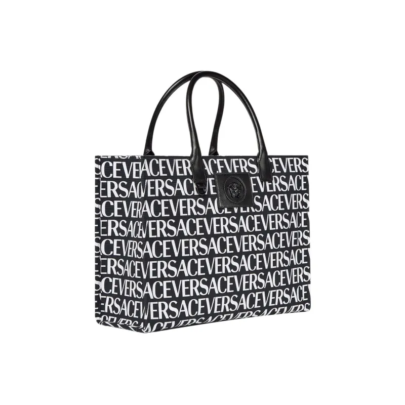 VERSACE Cotton With Cow Leather Patchwork Tote Bag Shopping Bag Handbag Large Size Women's Black-2