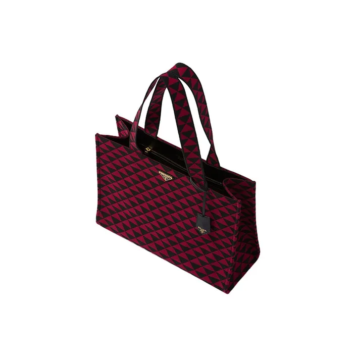 PRADA Symbole Embroidered Fabric Tote Bag Shopping Bag Shoulder Bag Handbag Regular Men's Black/Cherry Red-1