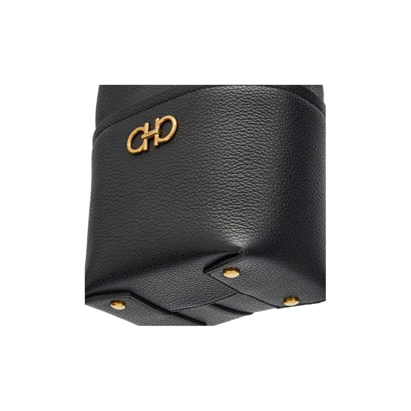 FERRAGAMO GANCINI Cow Leather Bucket Bags Shoulder Bag Crossbody Bag Mini Women's Black-4