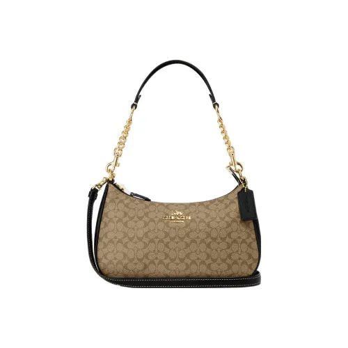 COACH Teri Canvas With Leather Handbags Shoulder Bags Women's Khaki & Black