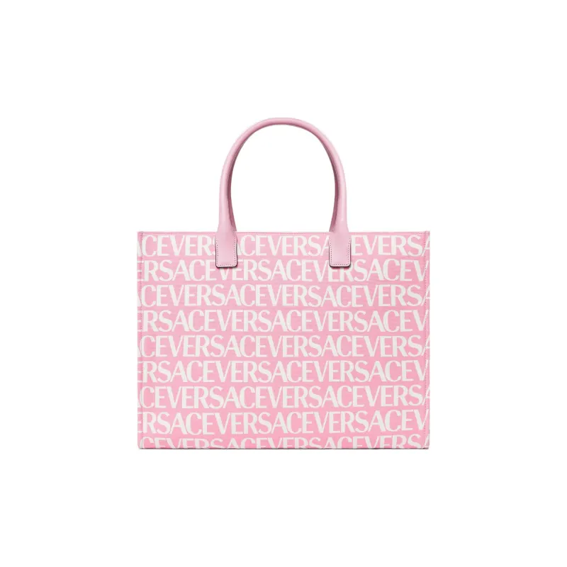 VERSACE Cotton With Cow Leather Tote Bag, Shopping Bag, Handbag Large Size Women's Pink/White-2