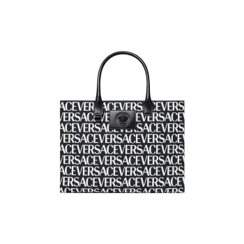VERSACE Cotton With Cow Leather Patchwork Tote Bag Shopping Bag Handbag Large Size Women's Black