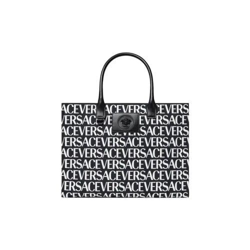 VERSACE Cotton With Cow Leather Patchwork Tote Bag Shopping Bag Handbag Large Size Women's Black