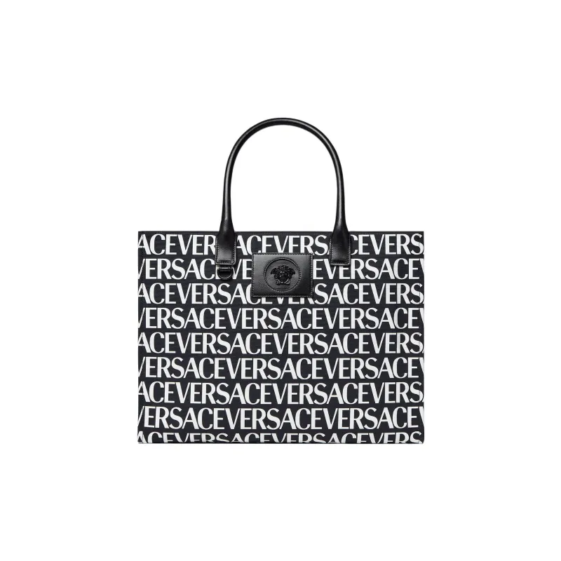 VERSACE Cotton With Cow Leather Patchwork Tote Bag Shopping Bag Handbag Large Size Women's Black-0