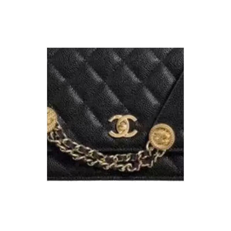 CHANEL Gold Coin Chain Black Wallet On Chain Black-6