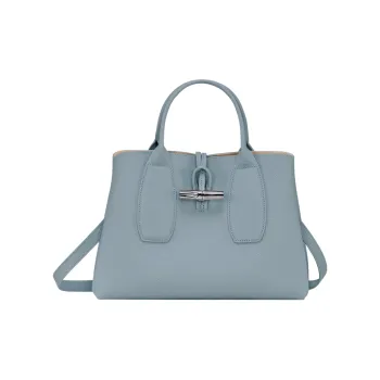 LONGCHAMP Roseau Cow Leather Big Bag, Shoulder Bag, Crossbody Bag, Handbag Medium Size Women's Cloud Blue