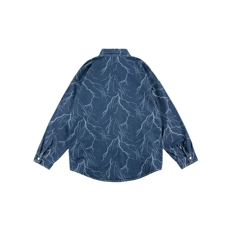 OLRIK All Over Print Heavy Washed Denim Shirt Spring And Autumn Unisex Blue-1