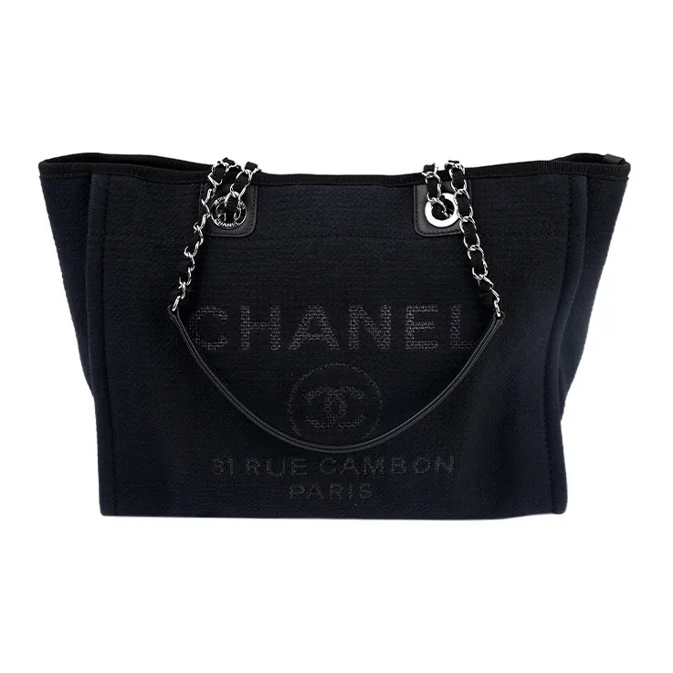 CHANEL Cotton With Canvas And Leather Tote Bag, Shopping Bag, Shoulder Bag, Handbag Women's Black-0