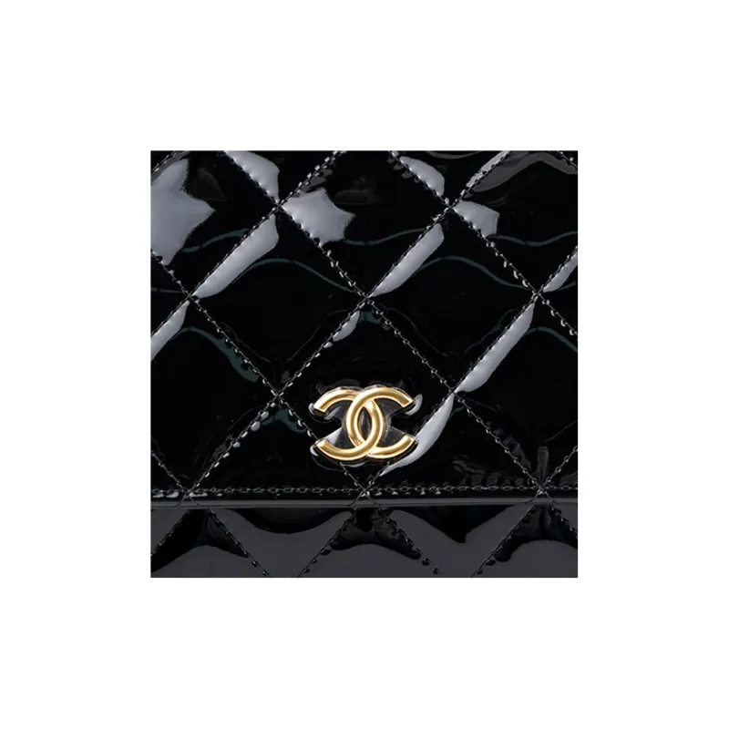CHANEL 22K Autumn And Winter Calfskin Patent Leather And Gold Metal Crossbody Bags Women's Black-5