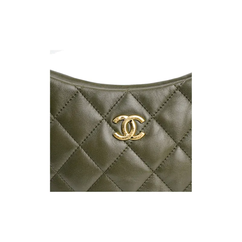 CHANEL Sheepskin Hobo Shoulder Bag, Hippie Handbag Trumpets Women's Green-4