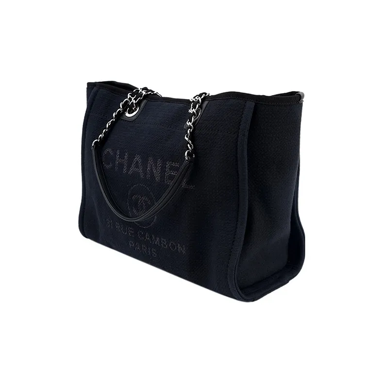 CHANEL Cotton With Canvas And Leather Tote Bag, Shopping Bag, Shoulder Bag, Handbag Women's Black-1