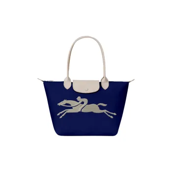LONGCHAMP Cow Leather Trim Shopping Bag Handbag Shoulder Bag Small Size Women's Blue