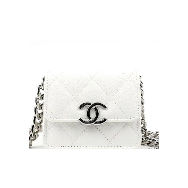 CHANEL Shiny Grain Embossed Calfskin One Shoulder Crossbody Clutch Women's White-3