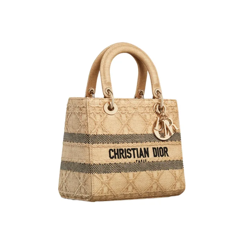 DIOR Lady D-Lite Raffia Shoulder Bag Crossbody Bag Handbag Medium Size Women's Brown-1