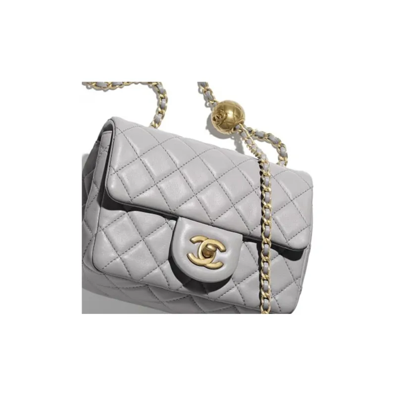 CHANEL Sheepskin Mini Square Flap Bag Chain Bag Crossbody Bag Shoulder Bag Women's Light Gray-4