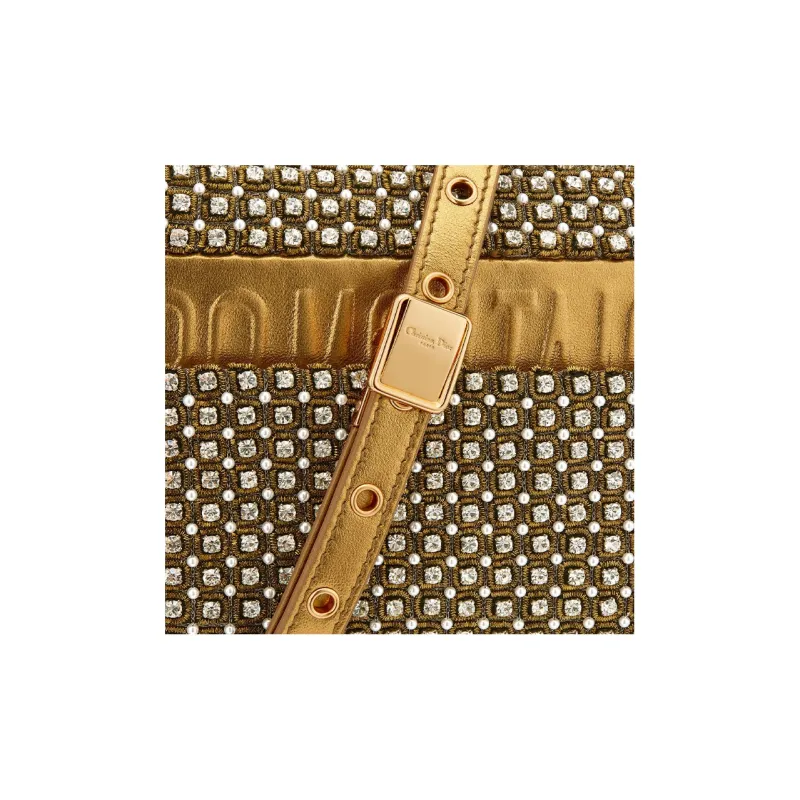 DIOR Caro Embroidered With Rhinestones One Shoulder Handbags Small Size Women's Gold-5
