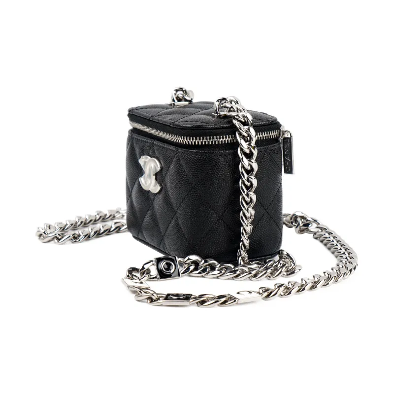 CHANEL Grain Embossed Shiny Caviar Calfskin Makeup Bag, One Shoulder Crossbody Clutch Trumpets Women's Black-2