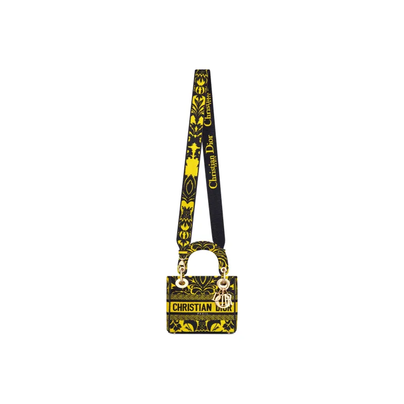 DIOR Lady D-Lite Embroidery Shoulder Bag Crossbody Bag Handbag Mini Women's Yellow/Black-3