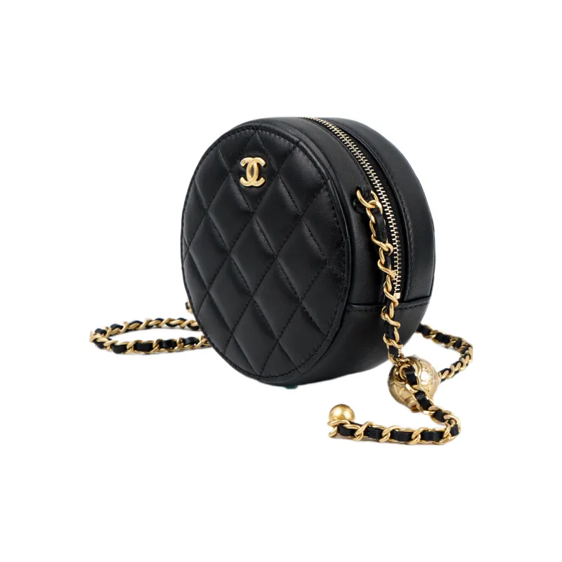CHANEL Sheepskin Round Bag, Shoulder Bag, Crossbody Bag Women's Black-1