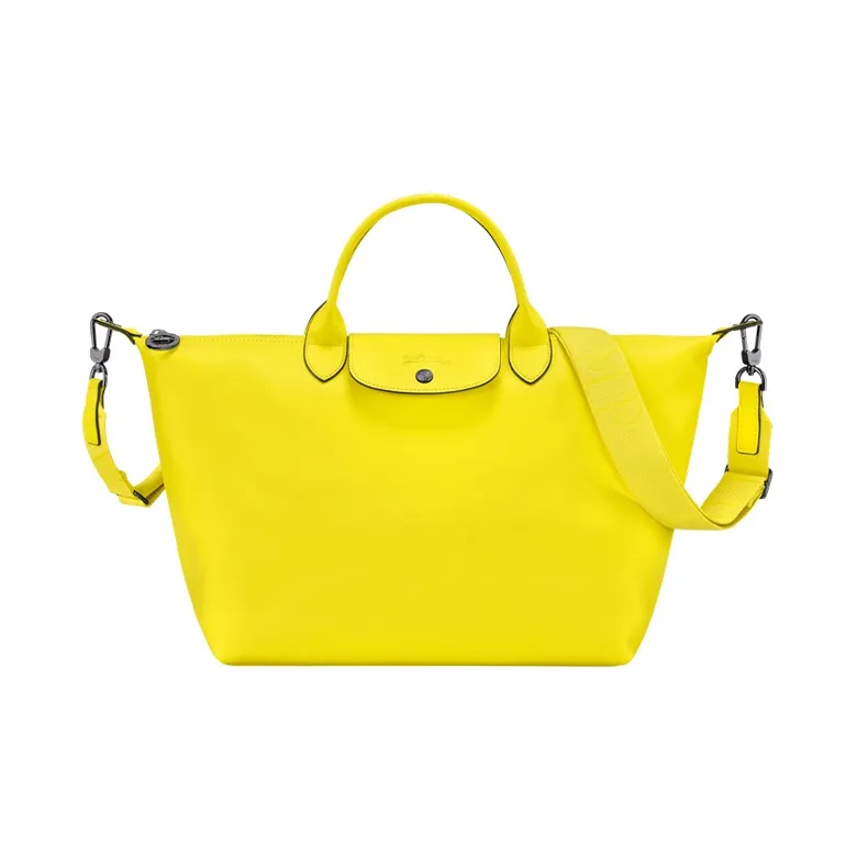 LONGCHAMP Le Pliage Cow Leather Shoulder Bag Crossbody Bag Handbag Large Size Women's Lemon Yellow-0
